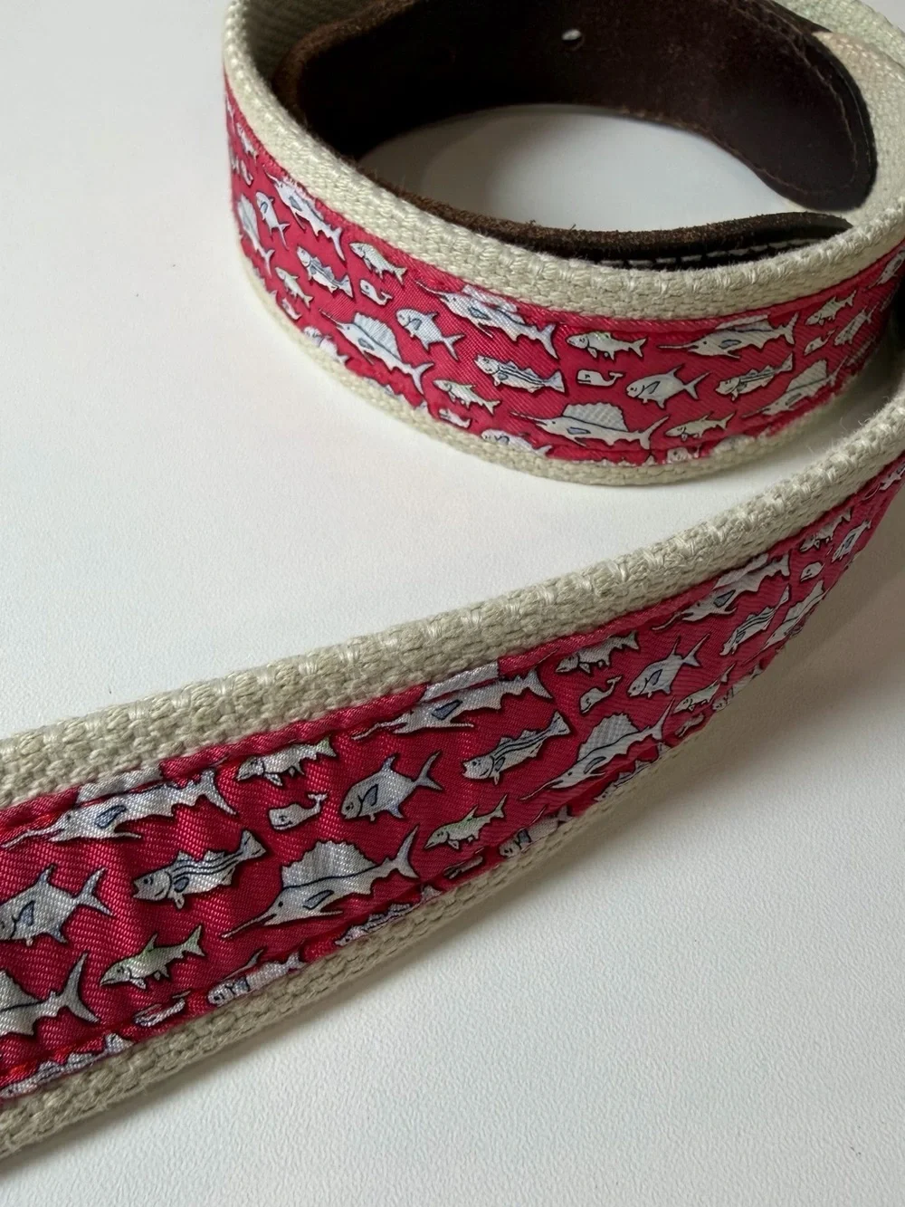 Vineyard Vines Size 32 Red Fish Patterned Canvas Belt with Brown Leather Trim